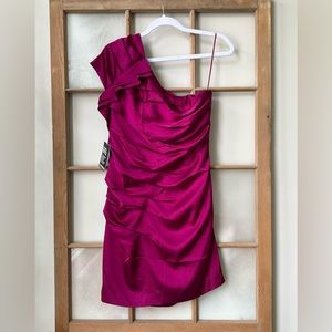 NWT Express Satin One Shoulder Ruched Mini Dress - Magenta - Size 6